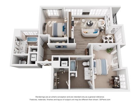 Floor plan for 2 beds, 2 baths, 1164 sqft